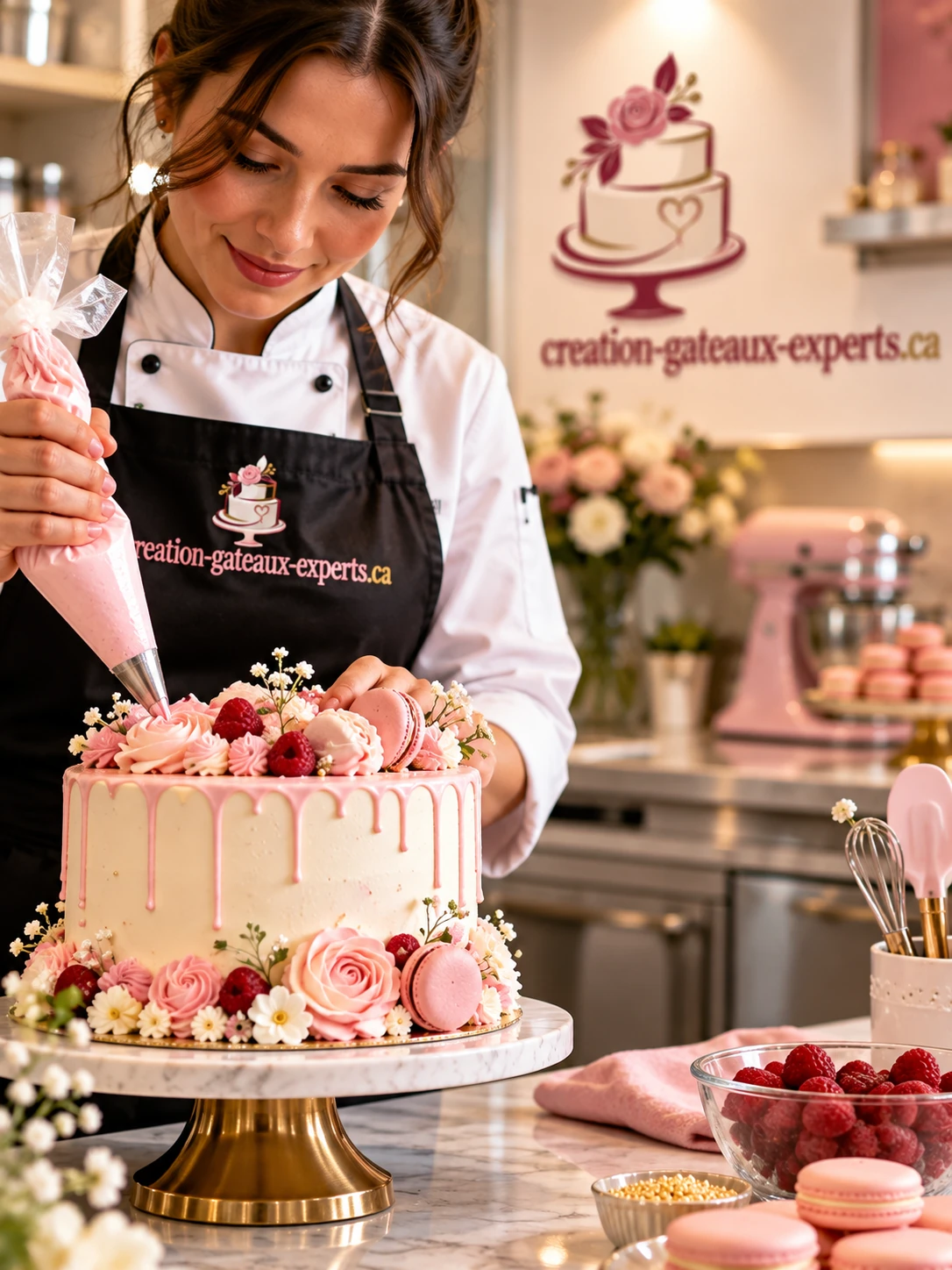 Finition d'un gâteau à la poche à douille