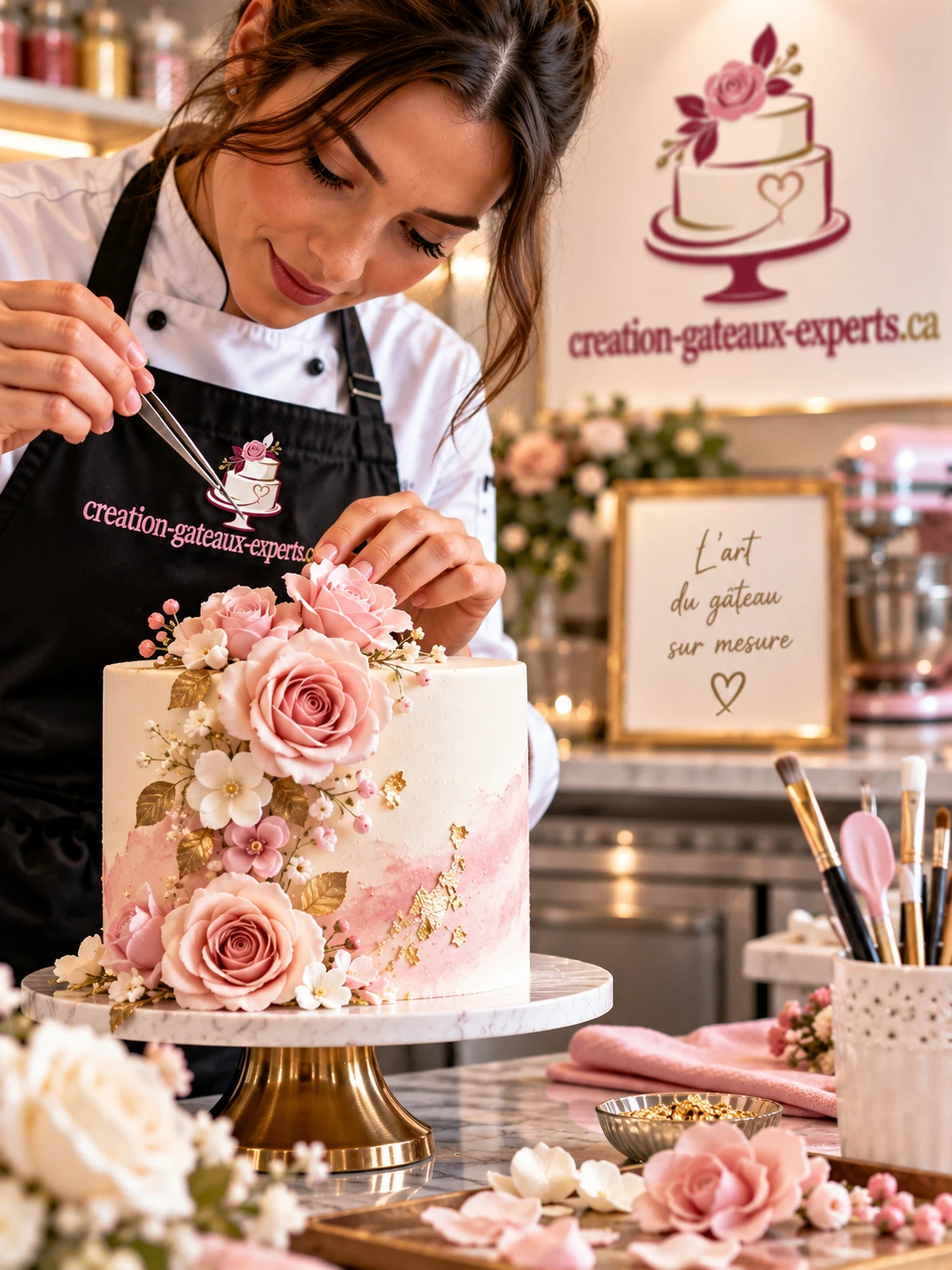 Pose de fleurs en sucre sur un gâteau